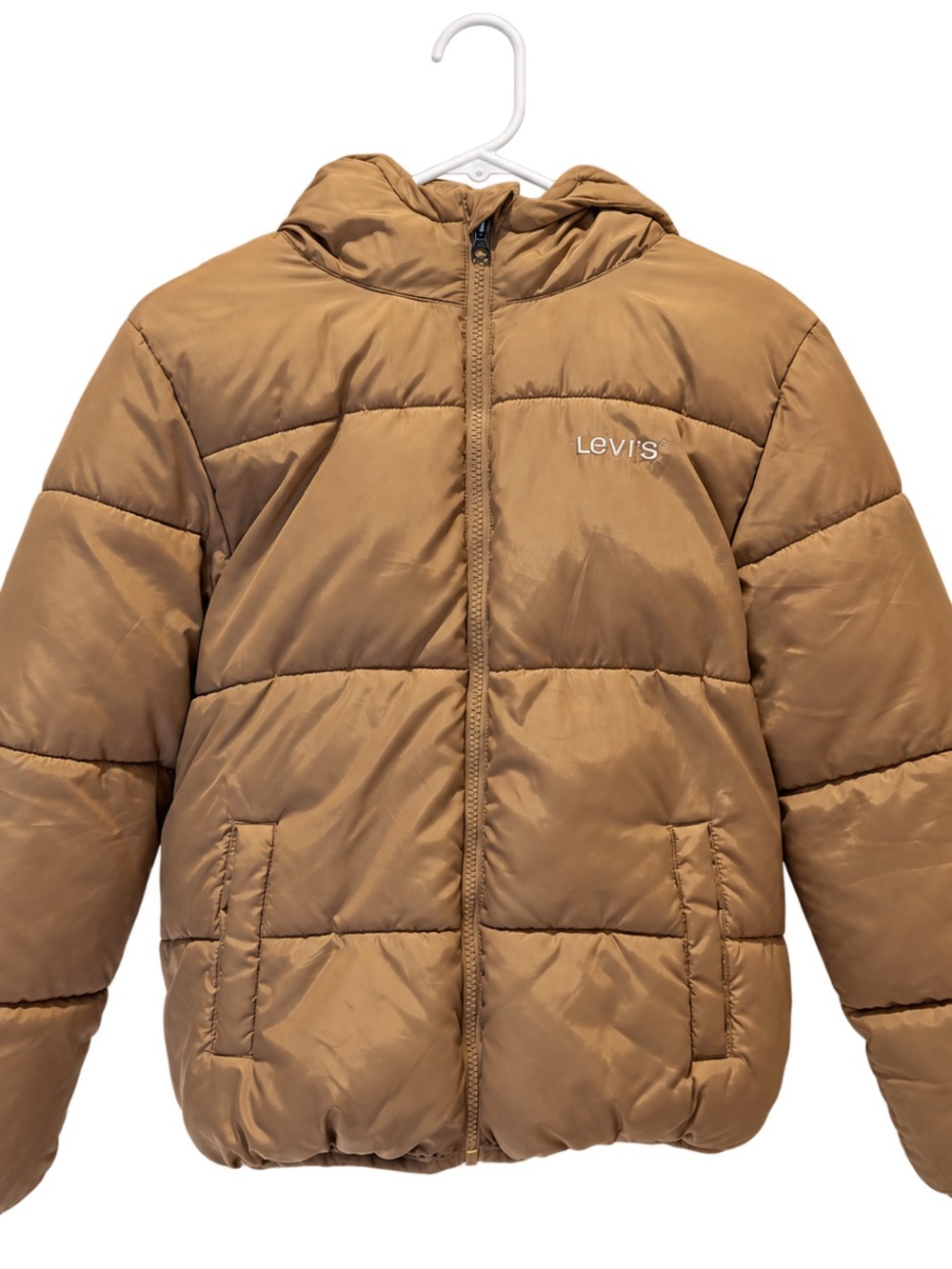 Levi’s Tan Puffer Jacket Hooded Logo Coat Youth L 12/13 Women’s XS/S Y2K